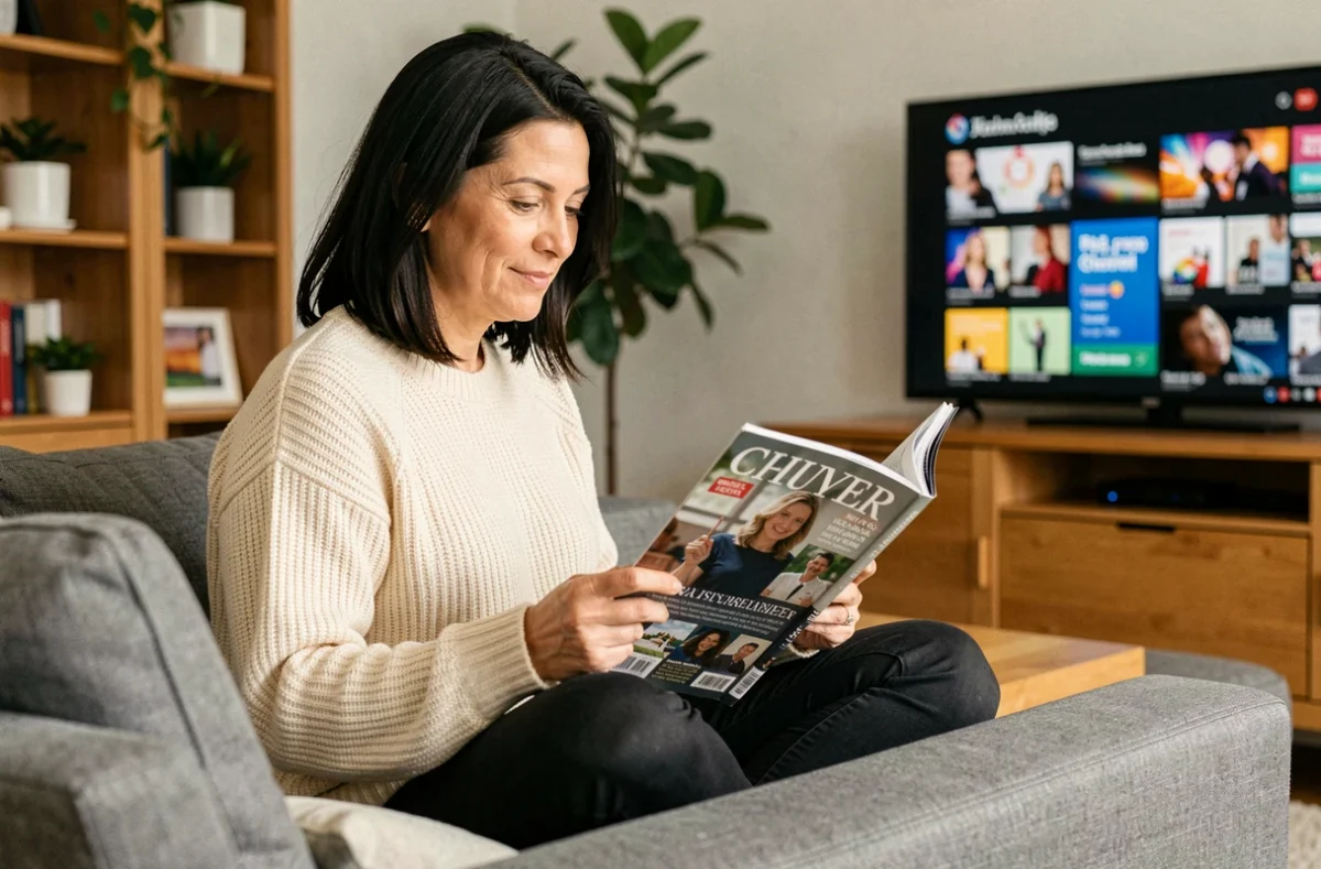 Femme lisant le magazine Tele Z sur son canapé dans un salon chaleureux avec télévision en arrière-plan