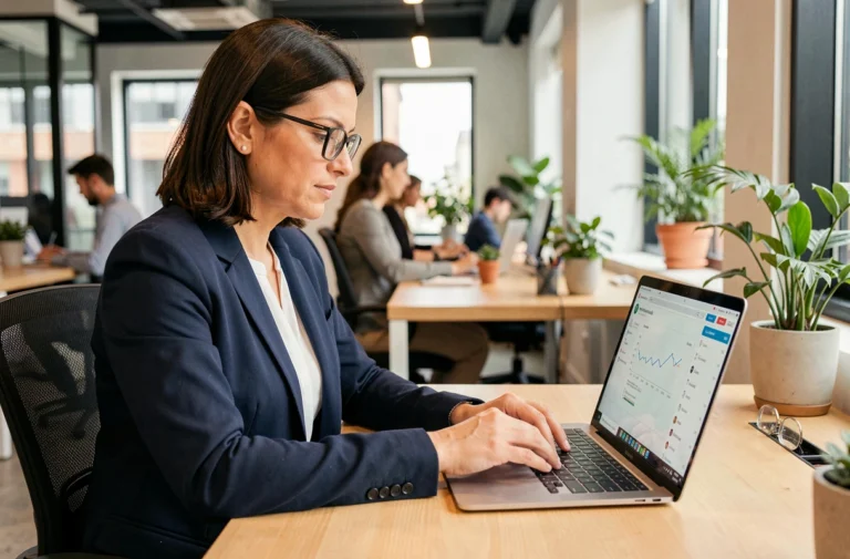 Femme professionnelle consultant la plateforme Adivak sur un ordinateur portable dans un bureau moderne