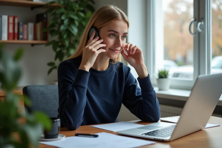 Femme au téléphone dans un bureau à domicile