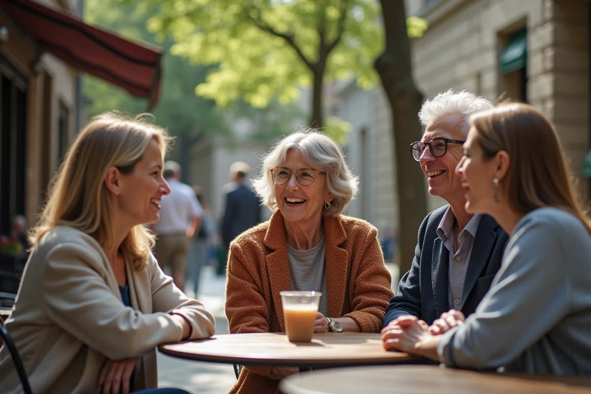Groupe diversifié discutant dans un café en plein air