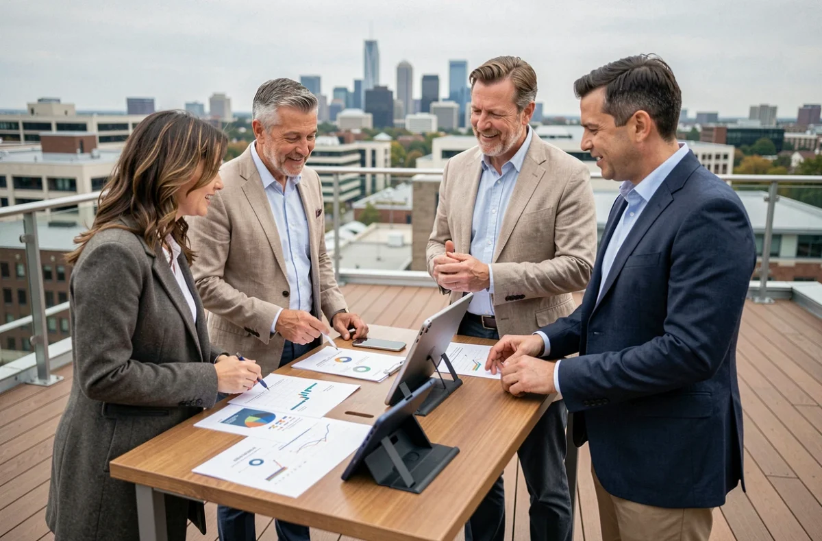 Groupe de dirigeants en formation management collaborant en extérieur sur une terrasse d'entreprise urbaine