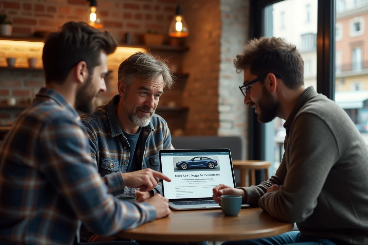 Groupe d'utilisateurs discutant des avis sur Autofantom FR autour d'un ordinateur portable dans un café parisien