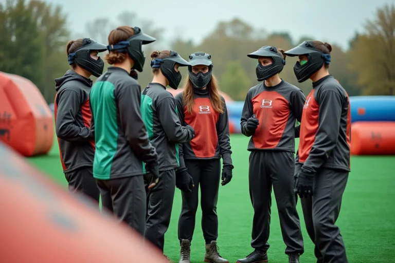 Groupe de jeunes en équipement de paintball en plein air