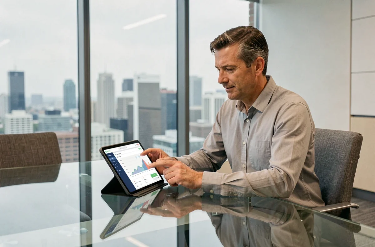 Homme d'affaires utilisant une interface de plateforme numérique type Adivak sur tablette en salle de réunion