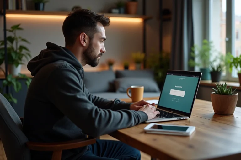 Homme en hoodie travaillant sur un ordinateur dans un bureau