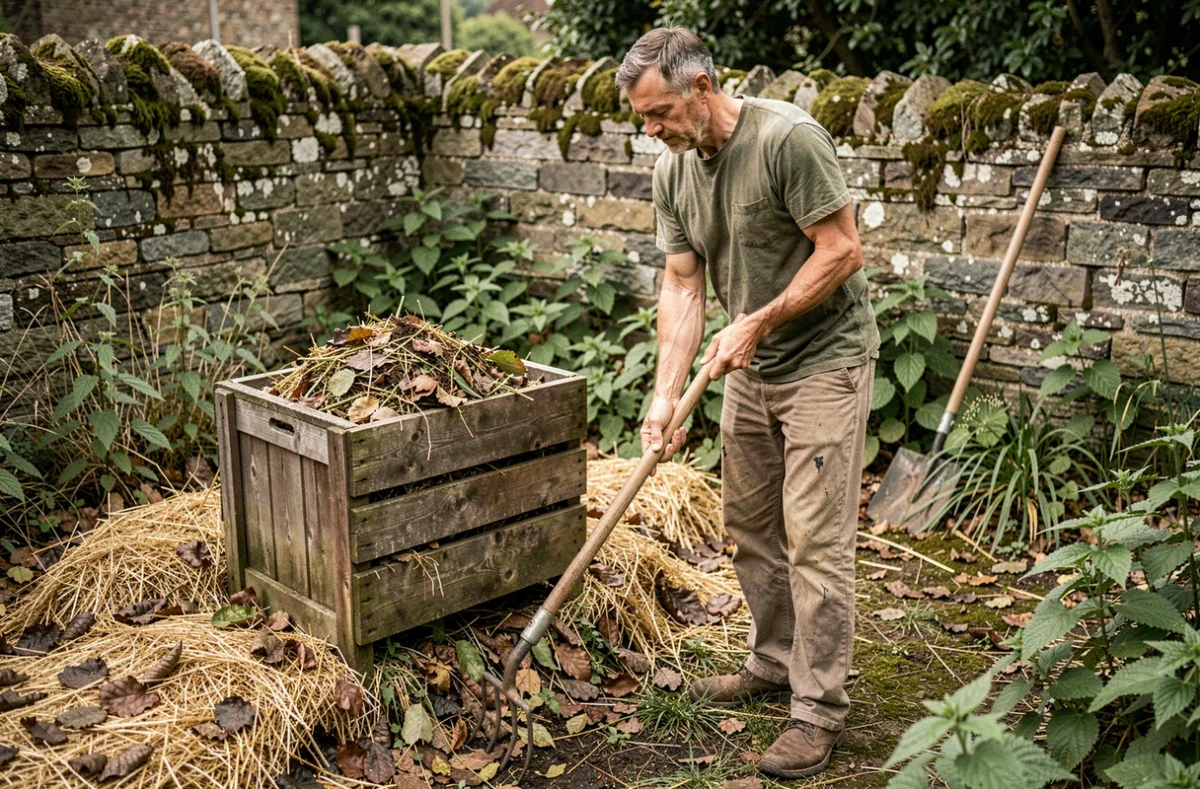 Homme retournant le compost dans un bac en bois dans un jardin naturel, pratique écoresponsable de compostage maison