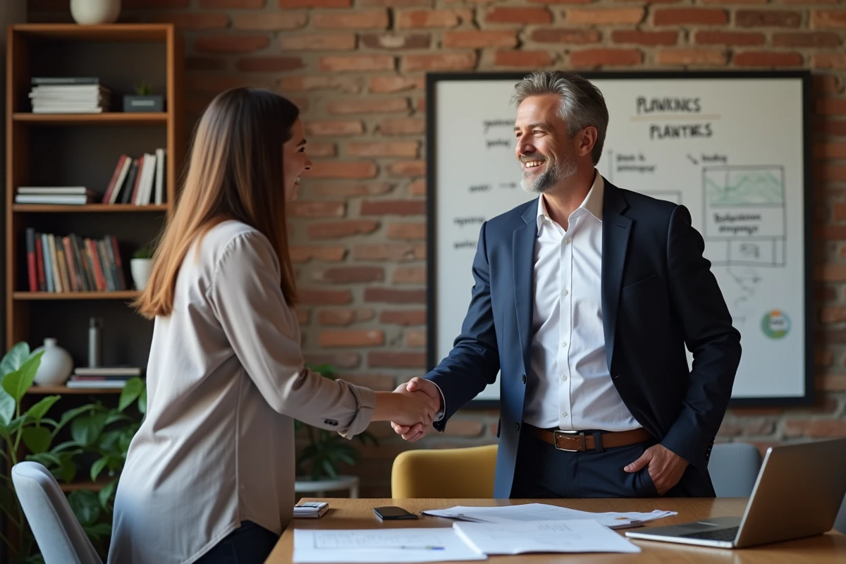 Homme et femme se serrant la main après une réunion