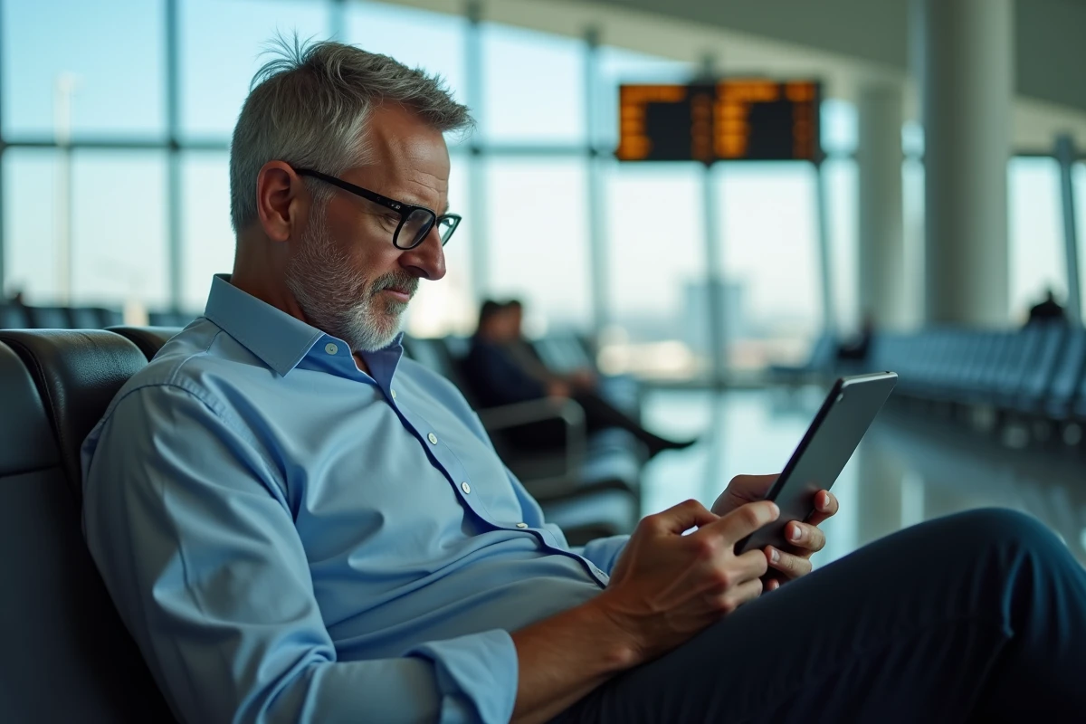 Homme lisant un email dans un terminal d