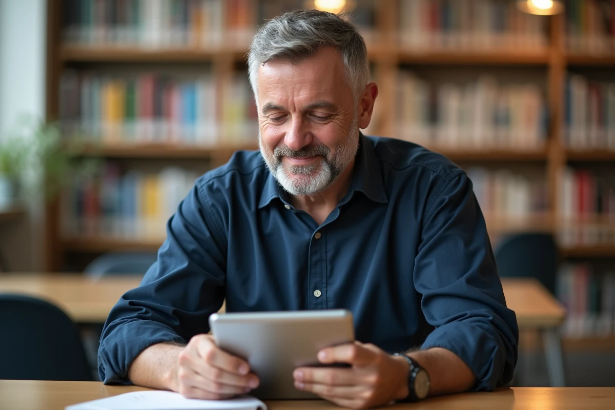 Homme lisant dans une bibliothèque moderne