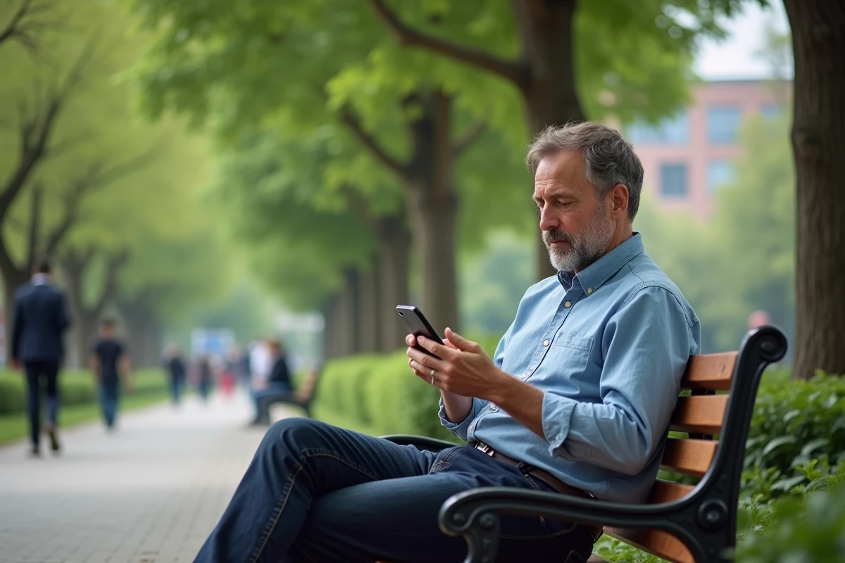 Homme sur un banc dans un parc regardant son smartphone