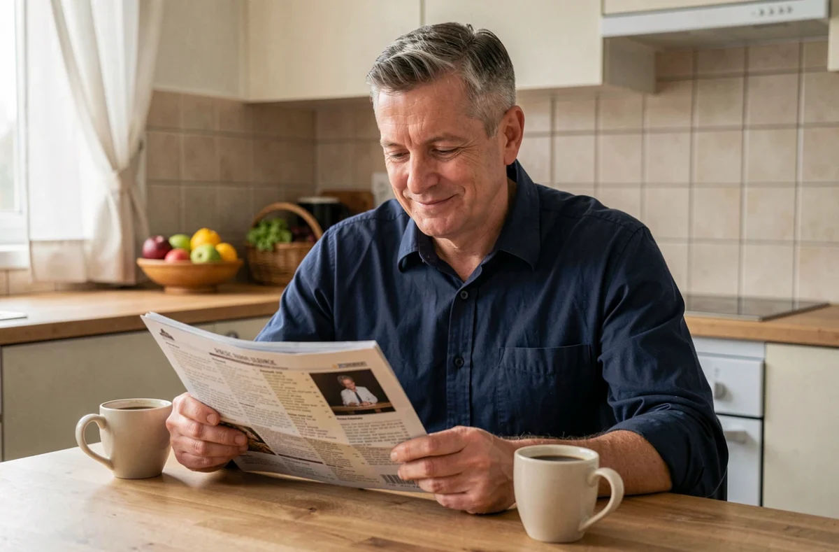 Homme consultant le programme TV du magazine Tele Z autour d'un café dans une cuisine moderne