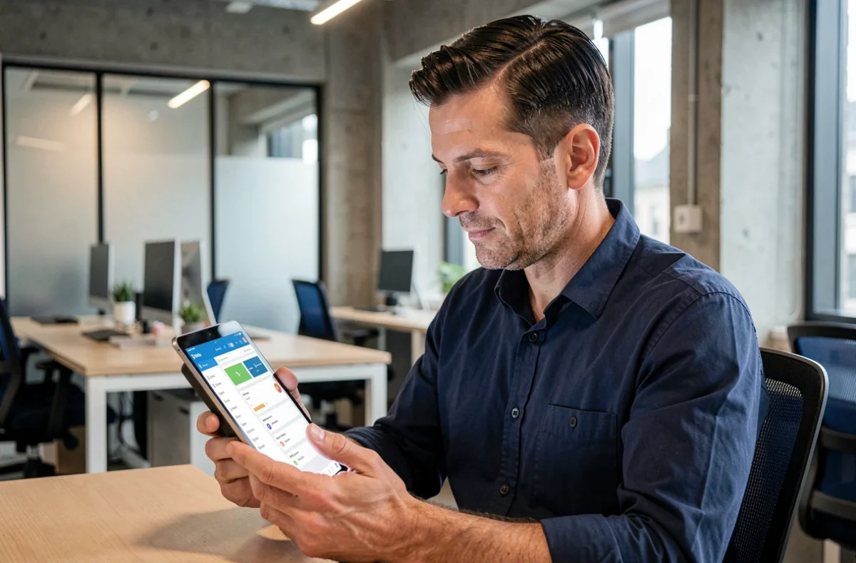 Homme utilisant une tablette pour se connecter à Lozzoo en ligne dans un espace de coworking moderne