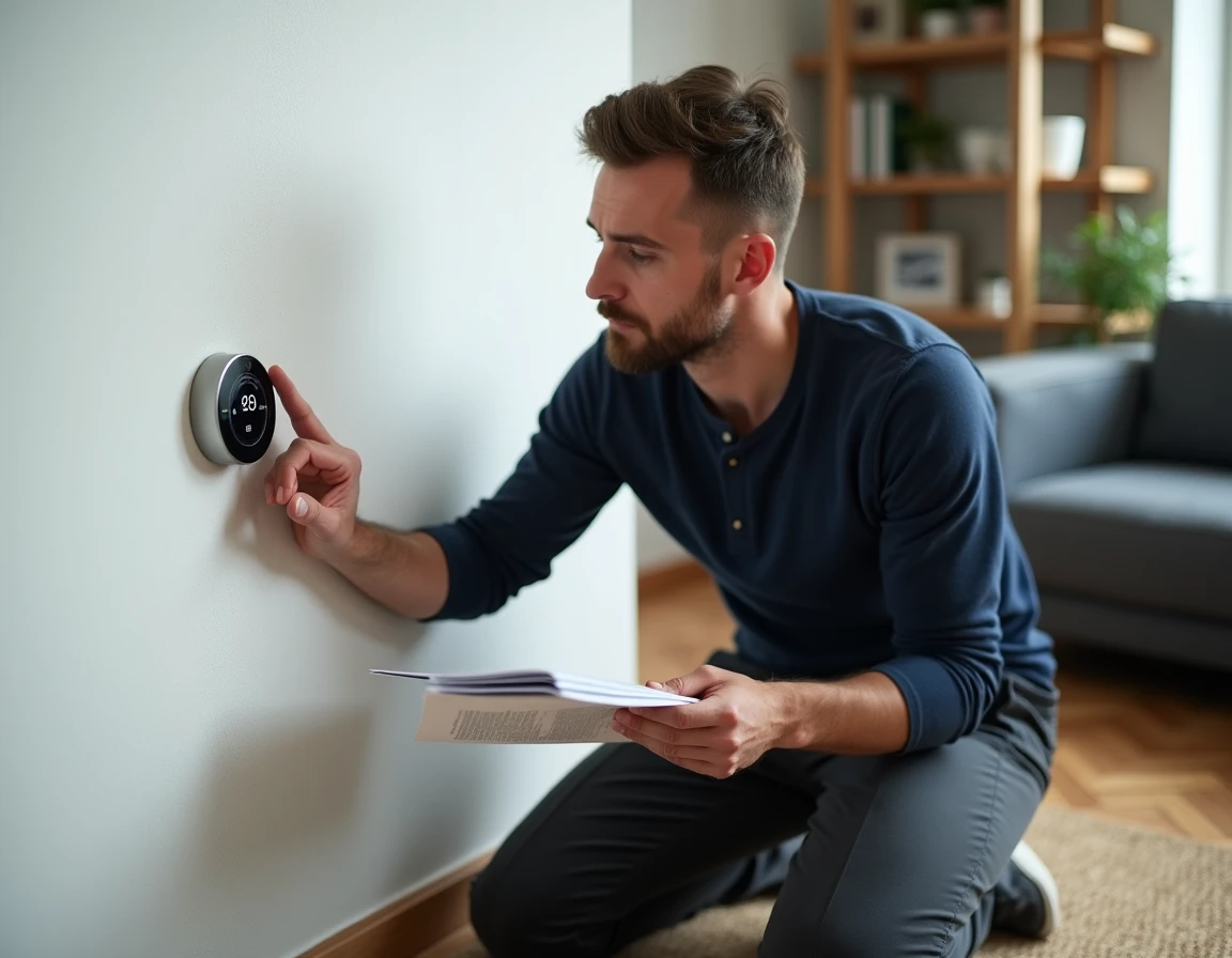 Homme installant un thermostat programmable dans un salon contemporain, équipement domotique pour améliorer le confort de l'habitat