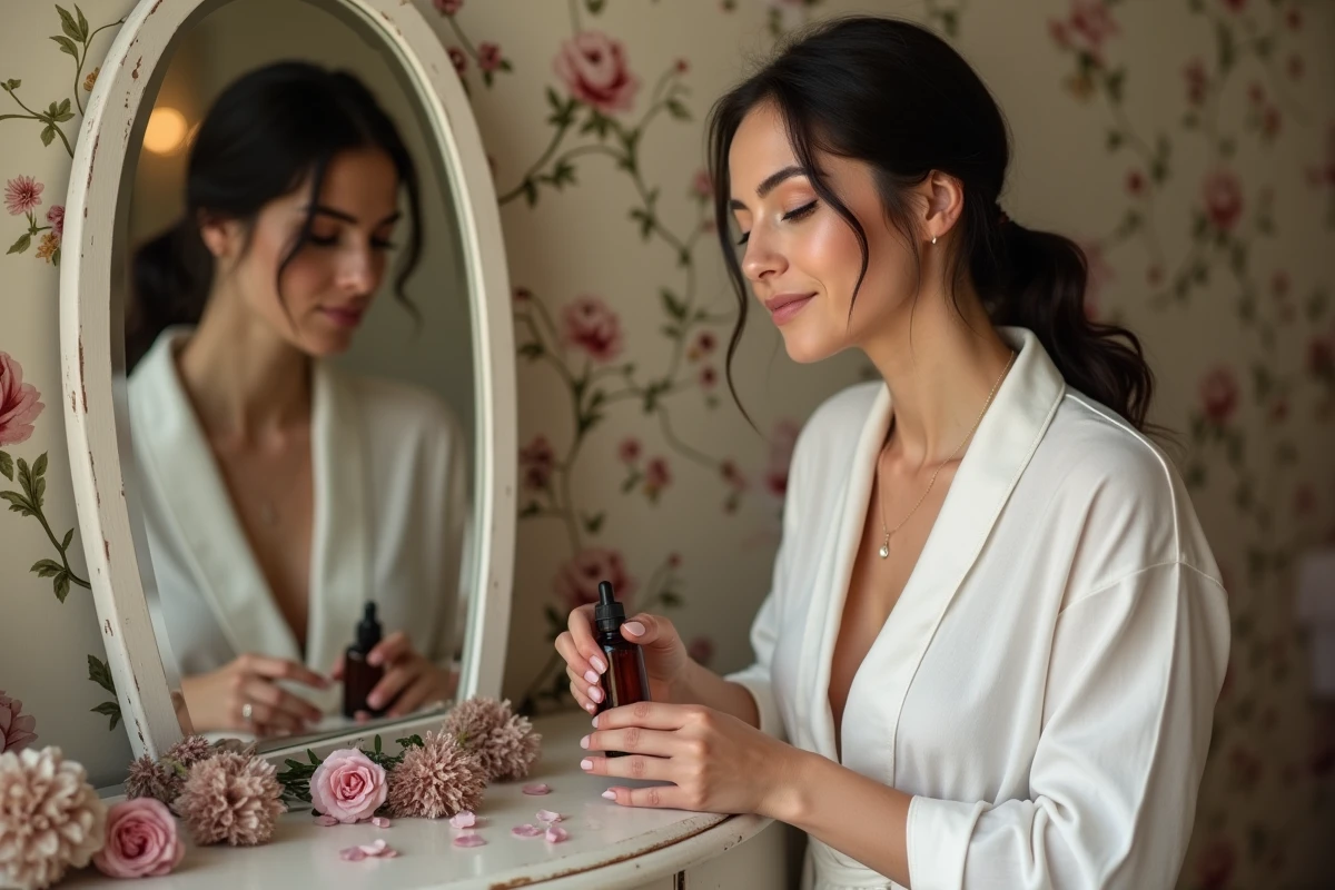 Femme appliquant une huile naturelle maison sur le cou et le décolleté pour raffermir la peau avec des remèdes de grand-mère
