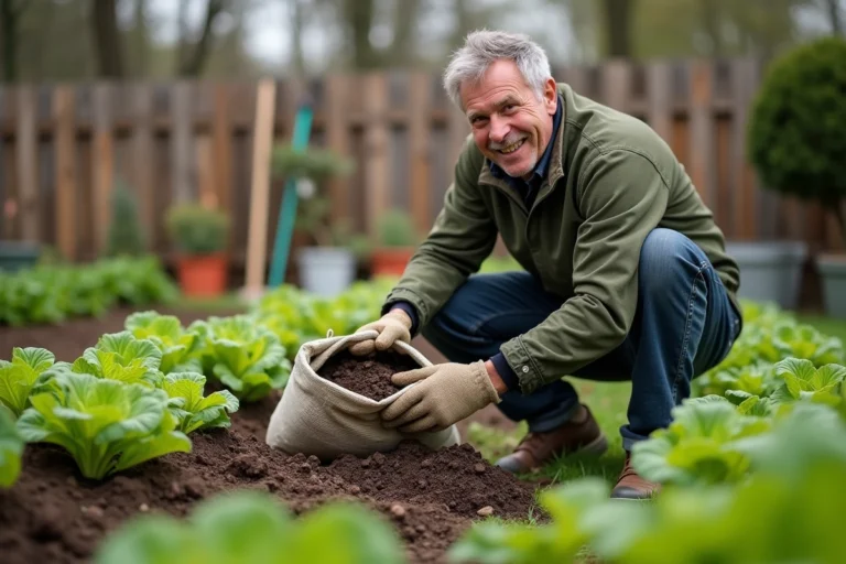 Homme moyenâgeux en jardinage avec compost riche