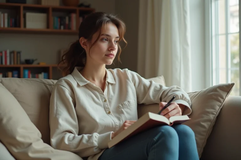 Jeune adulte en portrait casual regardant par la fenêtre