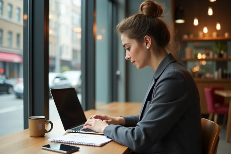 Jeune femme en tenue casual travaille sur son ordinateur dans un café
