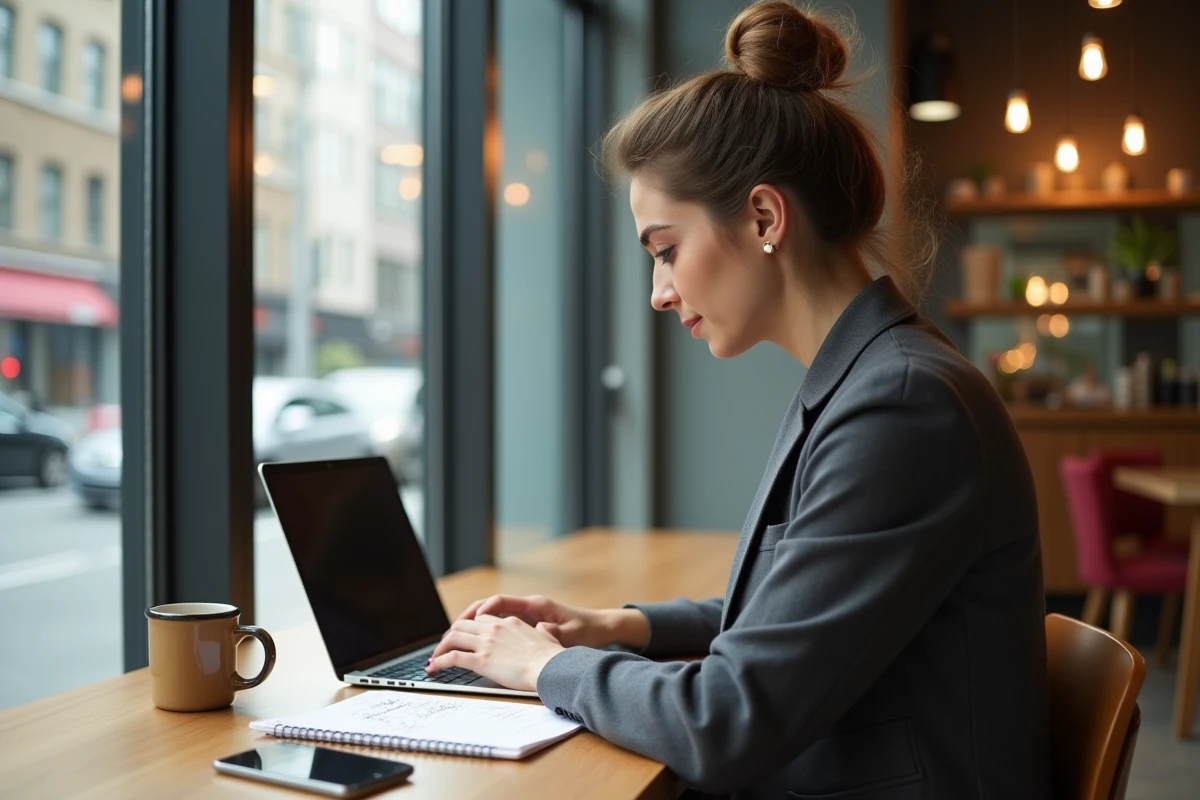 Jeune femme en tenue casual travaille sur son ordinateur dans un café