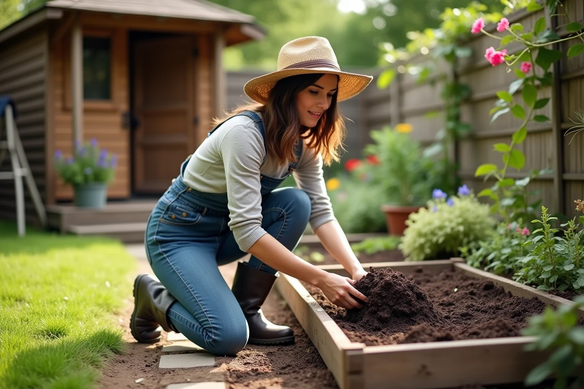 Jeune femme en jardinage avec compost dans un jardin