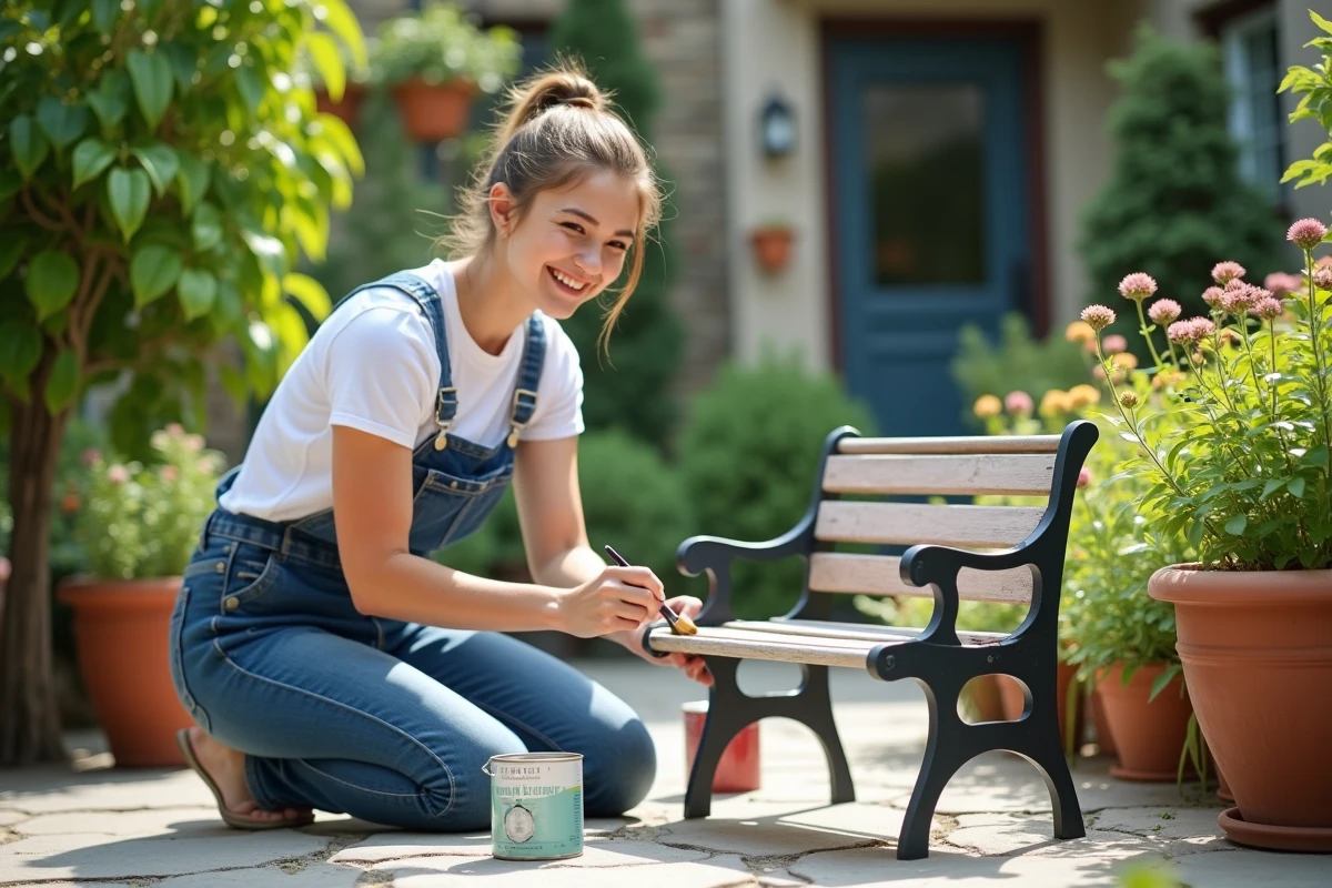Jeune femme peignant un banc de jardin dans un patio verdoyant