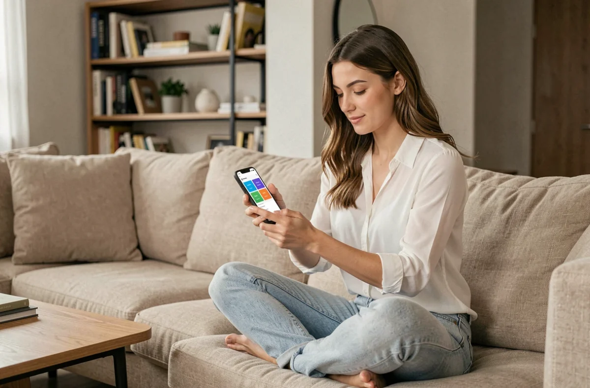 Jeune femme accédant aux fonctionnalités de Lozzoo en ligne via son smartphone dans un salon moderne