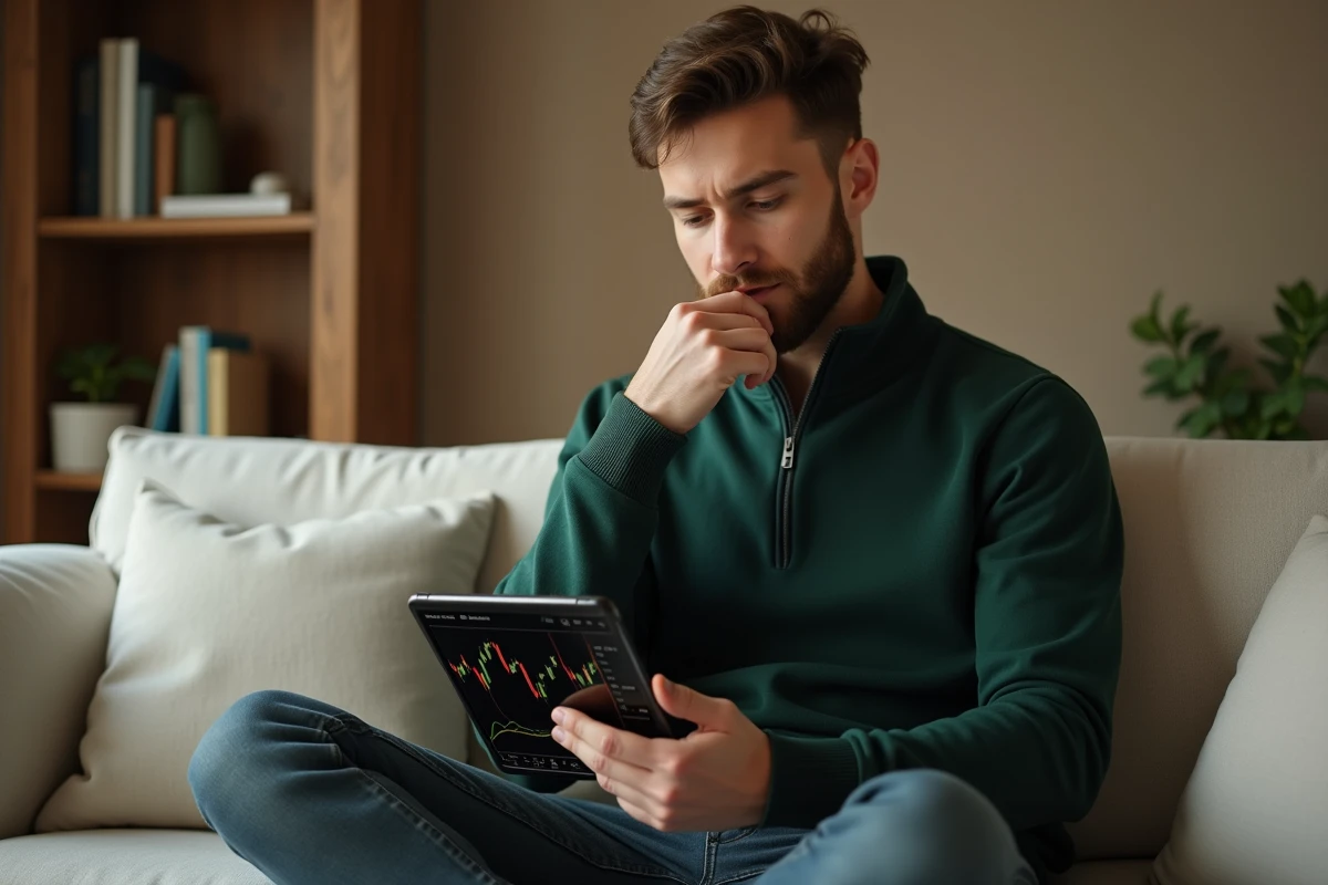Jeune homme consultant une application d'investissement financier sur tablette depuis son bureau à domicile
