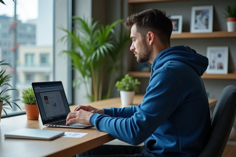 Jeune homme en hoodie bleu travaillant sur son ordinateur à domicile
