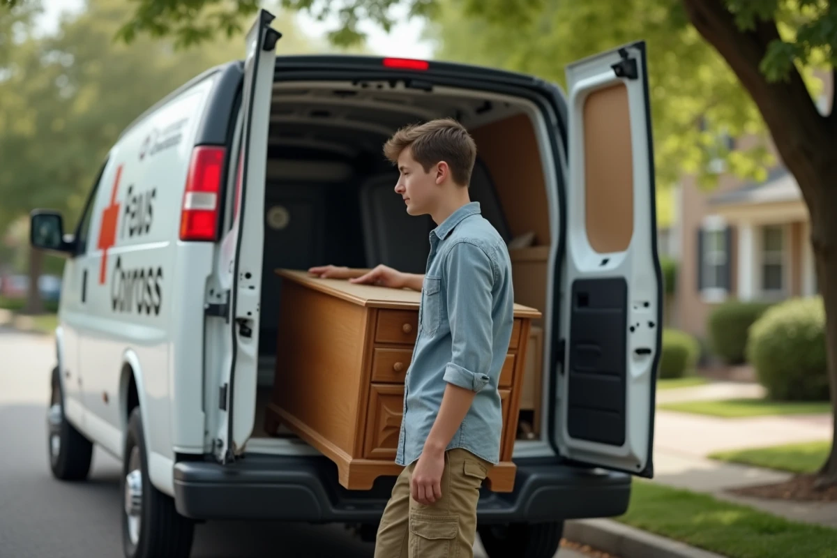 Jeune homme chargeant une table de chevet dans une camionnette de don