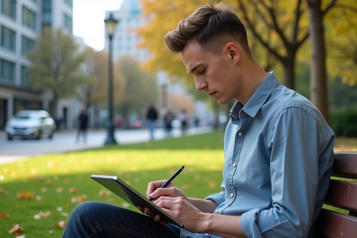 Jeune homme travaillant sur sa tablette dans un parc urbain
