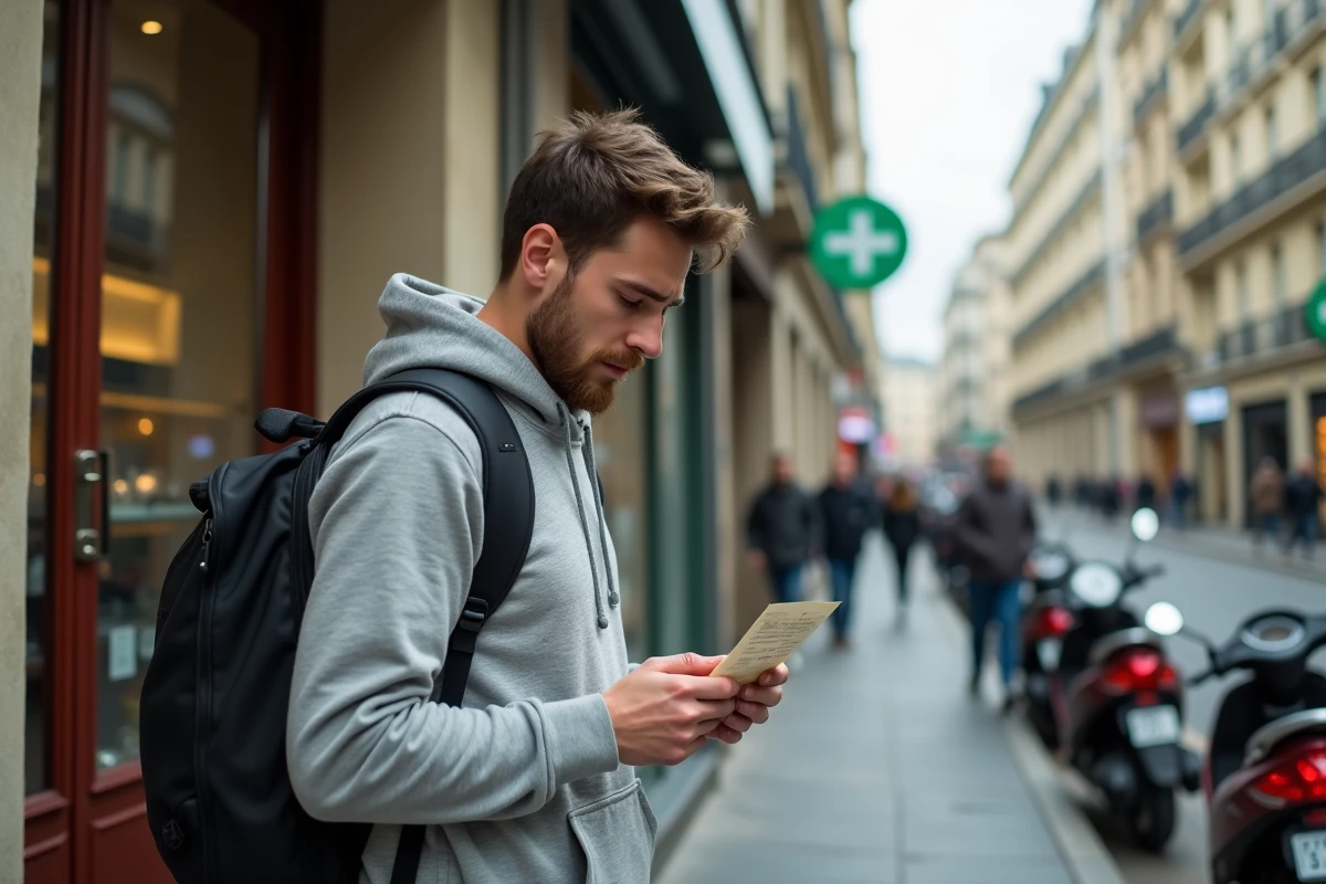 Jeune homme lisant un reçu de transaction devant un bureau de tabac parisien suite à un dépôt d'espèces refusé sur compte Nickel