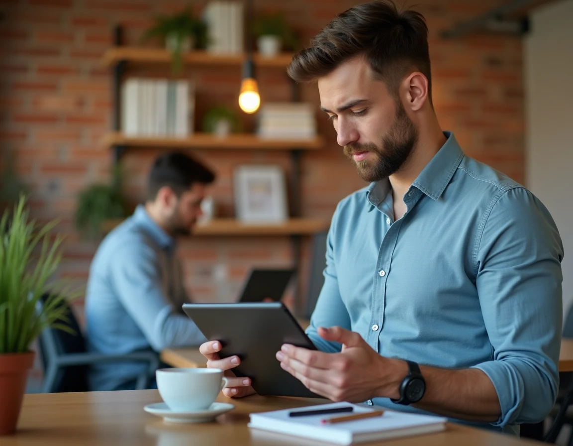 Jeune salarié consultant un simulateur d'épargne salariale sur tablette dans un espace de travail moderne