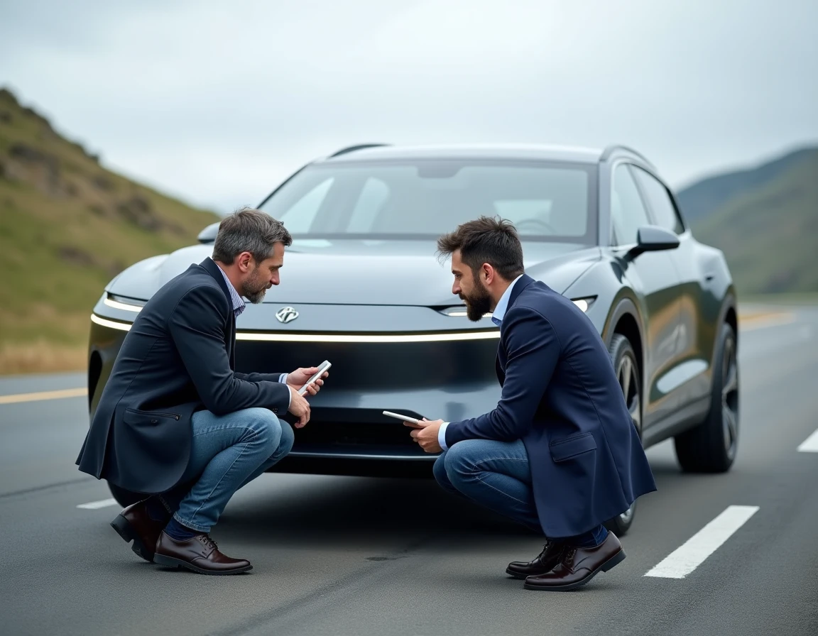 Journaliste automobile masculin examinant un SUV à hydrogène futuriste sur une piste d'essai extérieure