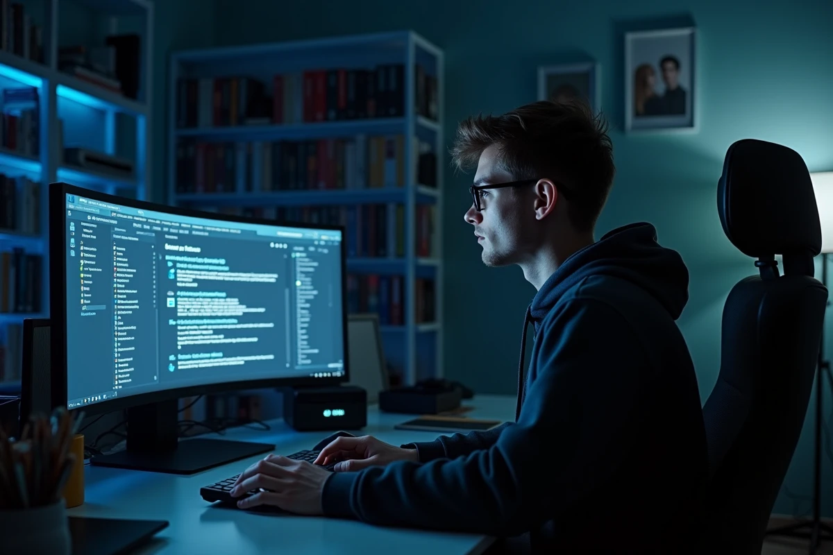 Un homme naviguant sur des sites de torrents français depuis son bureau informatique à domicile