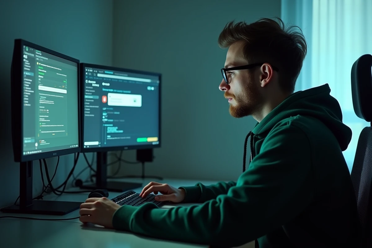 Un jeune homme utilisant OxTorrent comme alternative stable à Torrent9 sur son double écran