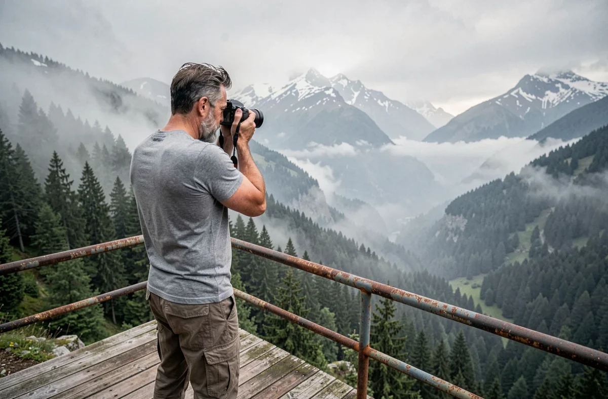 Photographe voyageur masculin sur un belvédère en bois contemplant une vallée montagneuse brumeuse