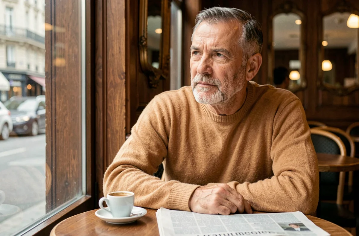 Portrait d'un homme discret et élégant assis dans un café parisien, regard pensif vers la fenêtre