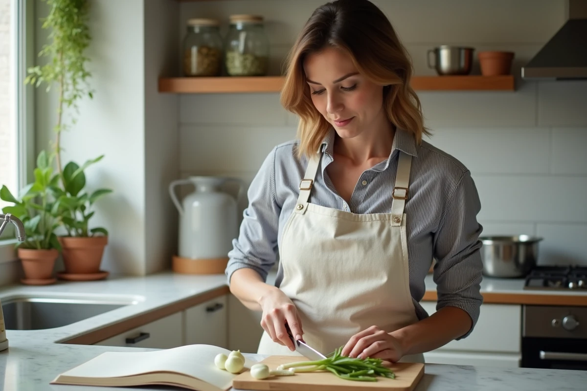Femme préparant des alternatives à la cébette dans une cuisine maison avec des oignons verts et un livre de recettes