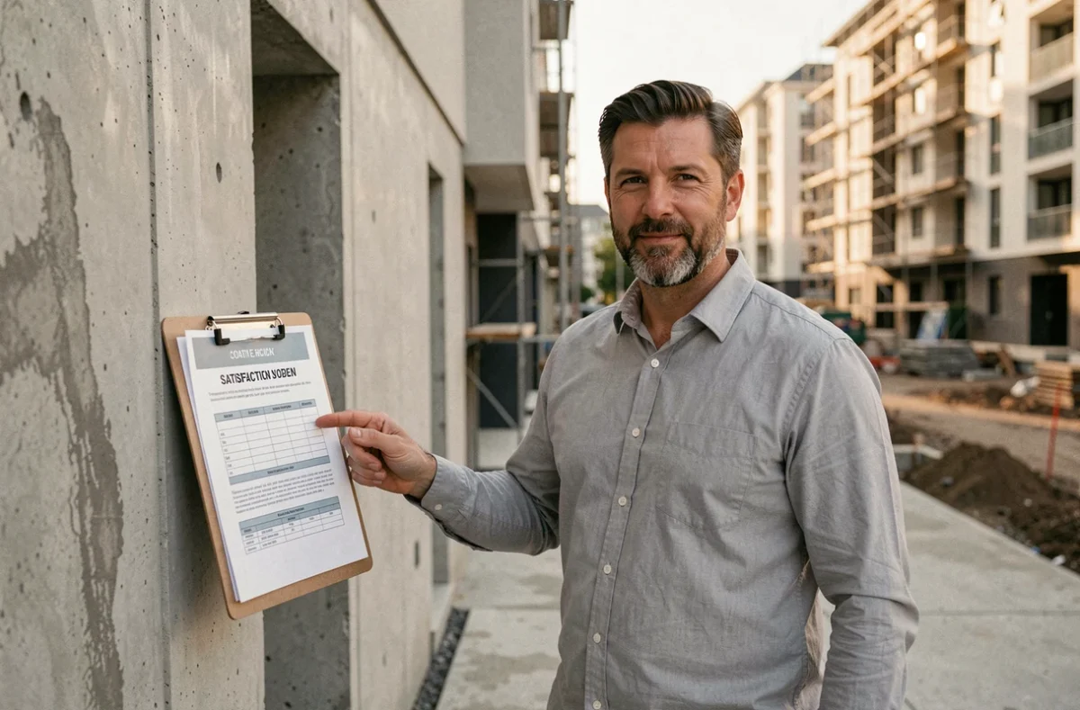 Commercial immobilier tenant un questionnaire de satisfaction devant un immeuble résidentiel neuf