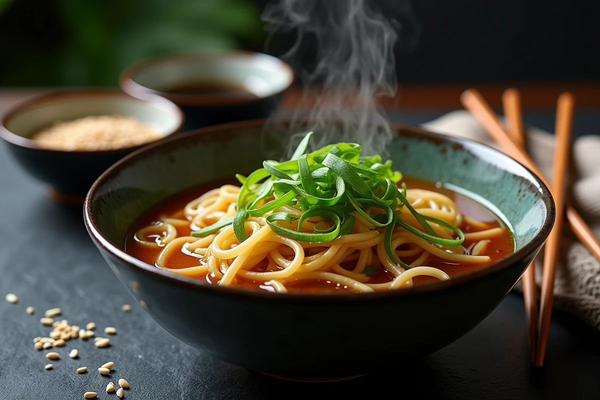 Soupe de nouilles garnie d'alternatives à la cébette comme la ciboulette et l'oignon vert dans un bol en céramique