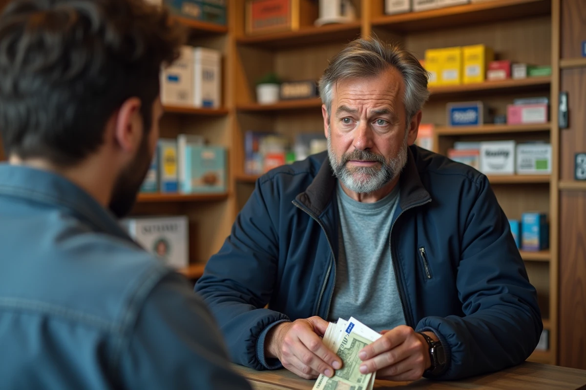Homme tenant des billets en euros face à un caissier dans un bureau de tabac lors d'un refus de dépôt d'espèces sur compte Nickel