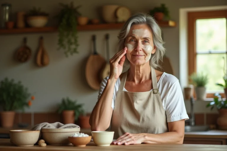 Femme mature appliquant un masque maison à base de blanc d'œuf et miel pour raffermir la peau naturellement dans une cuisine rustique