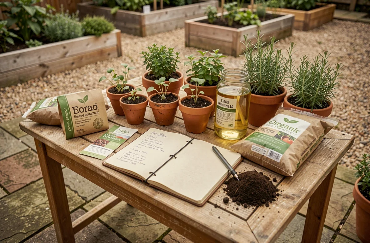 Table de jardin avec ressources écoresponsables pour jardinage naturel : semences, terreau humus, journal de plantation et petits pots en argile