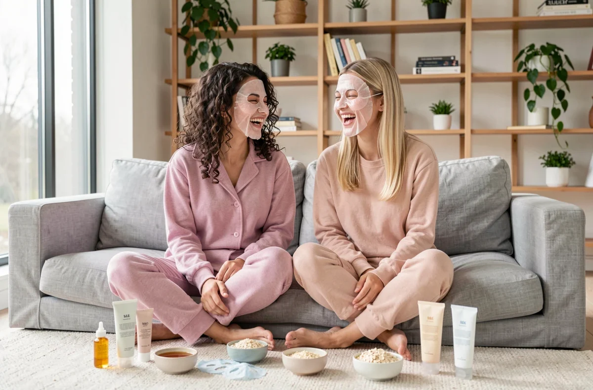 Deux femmes riant ensemble sur un canapé avec des masques de soin et des produits de beauté naturels autour d'elles