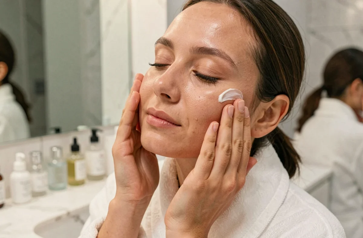 Femme appliquant une crème hydratante sur son visage dans une salle de bain moderne avec des produits de soin en arrière-plan