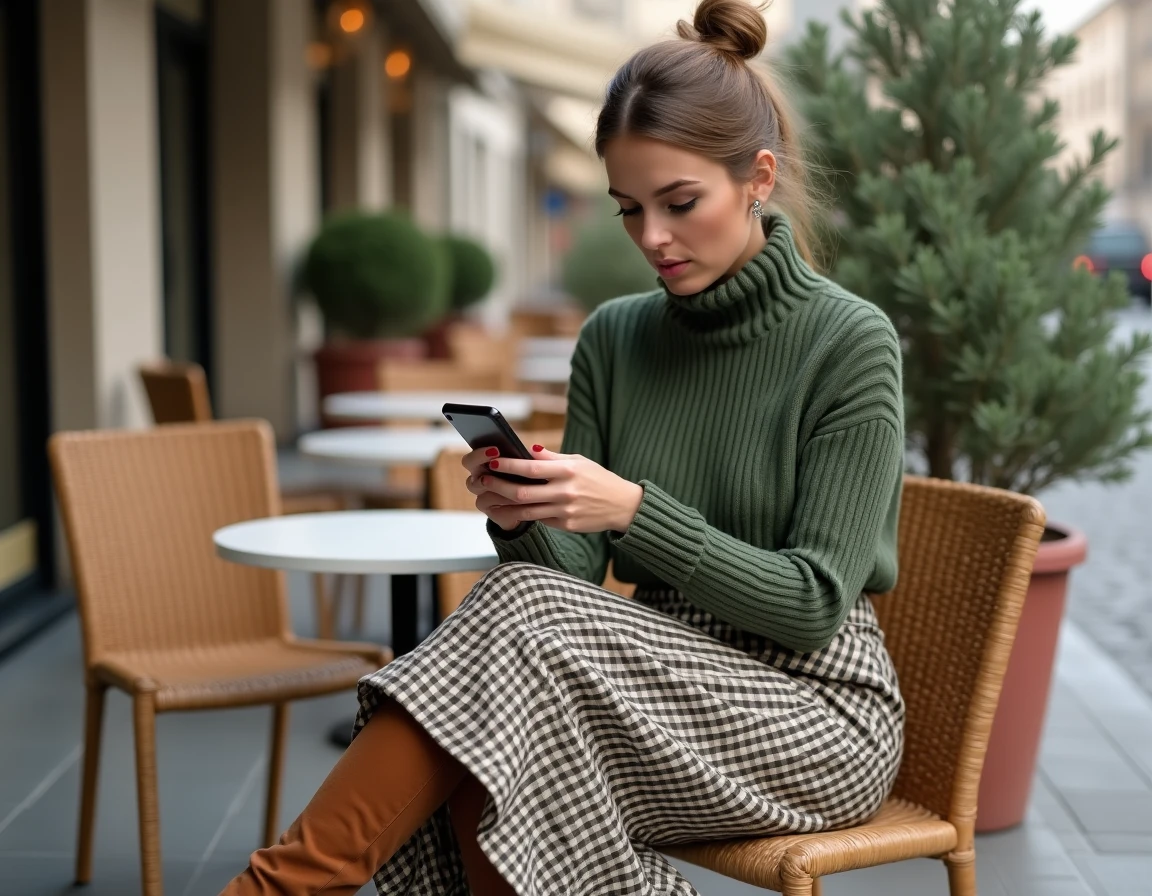 Femme tendance consultent les nouvelles collections mode sur smartphone en terrasse de café parisien