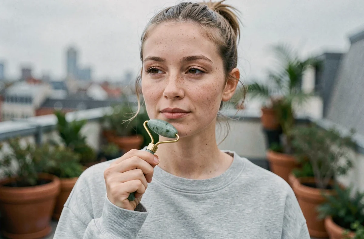 Jeune femme utilisant un rouleau en jade sur son visage sur une terrasse urbaine avec vue sur la ville en arrière-plan