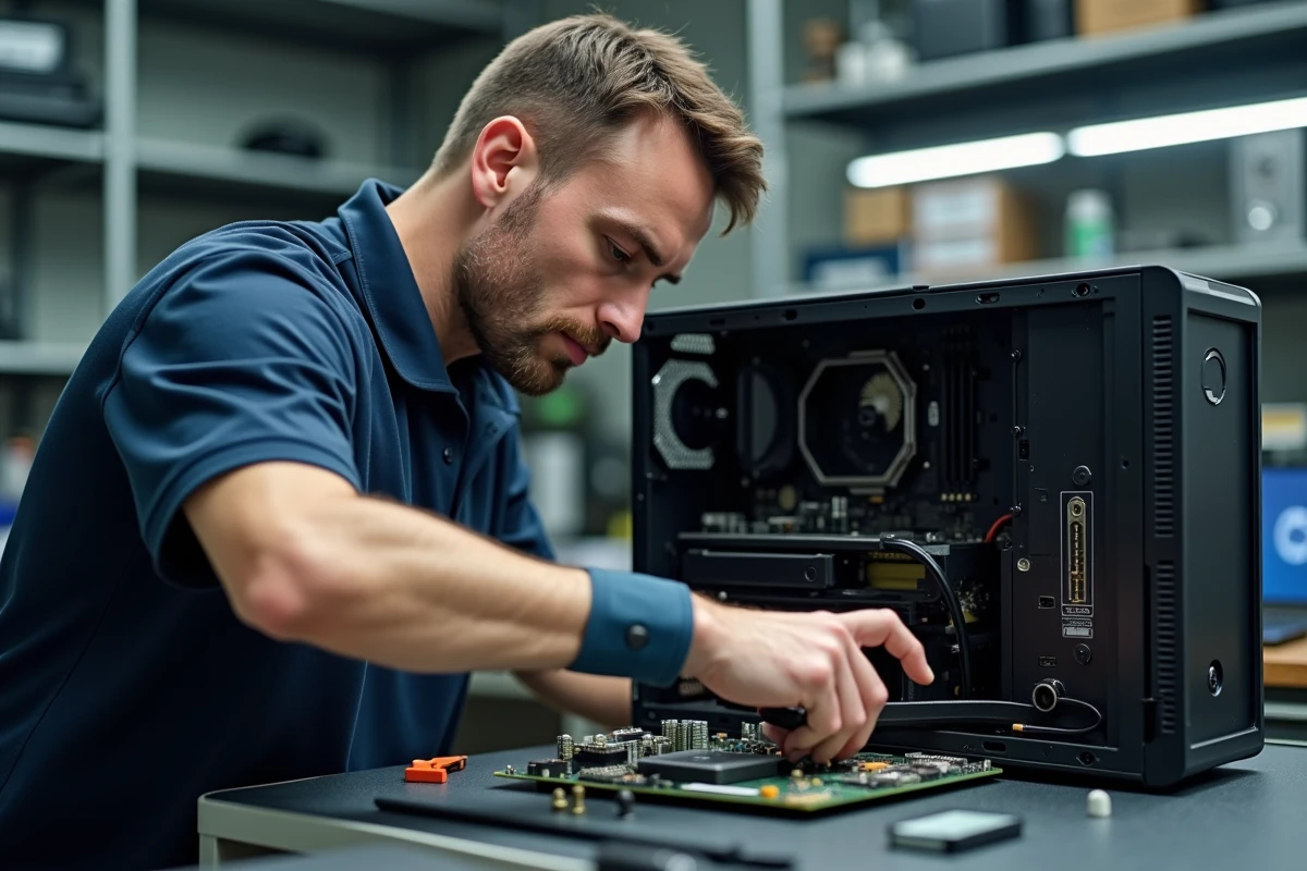 Technicien installant un processeur sur une carte mère à l'intérieur d'une unité centrale d'ordinateur de bureau