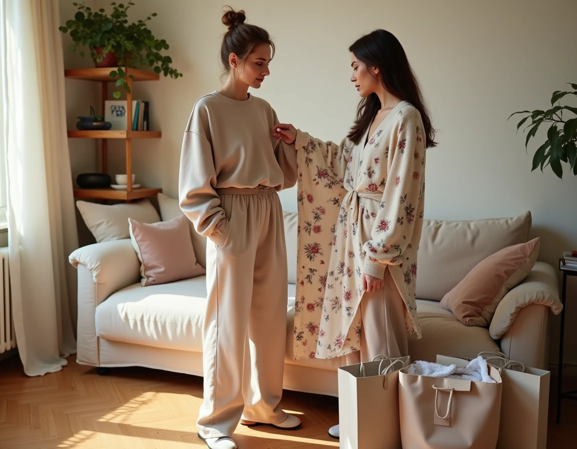 Deux amies découvrant ensemble les nouvelles tendances shopping de saison dans un appartement parisien cosy