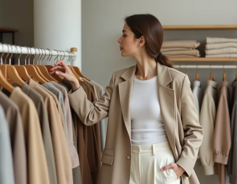 Jeune femme élégante en blazer beige explorant les nouvelles tendances vestimentaires dans une boutique de mode minimaliste