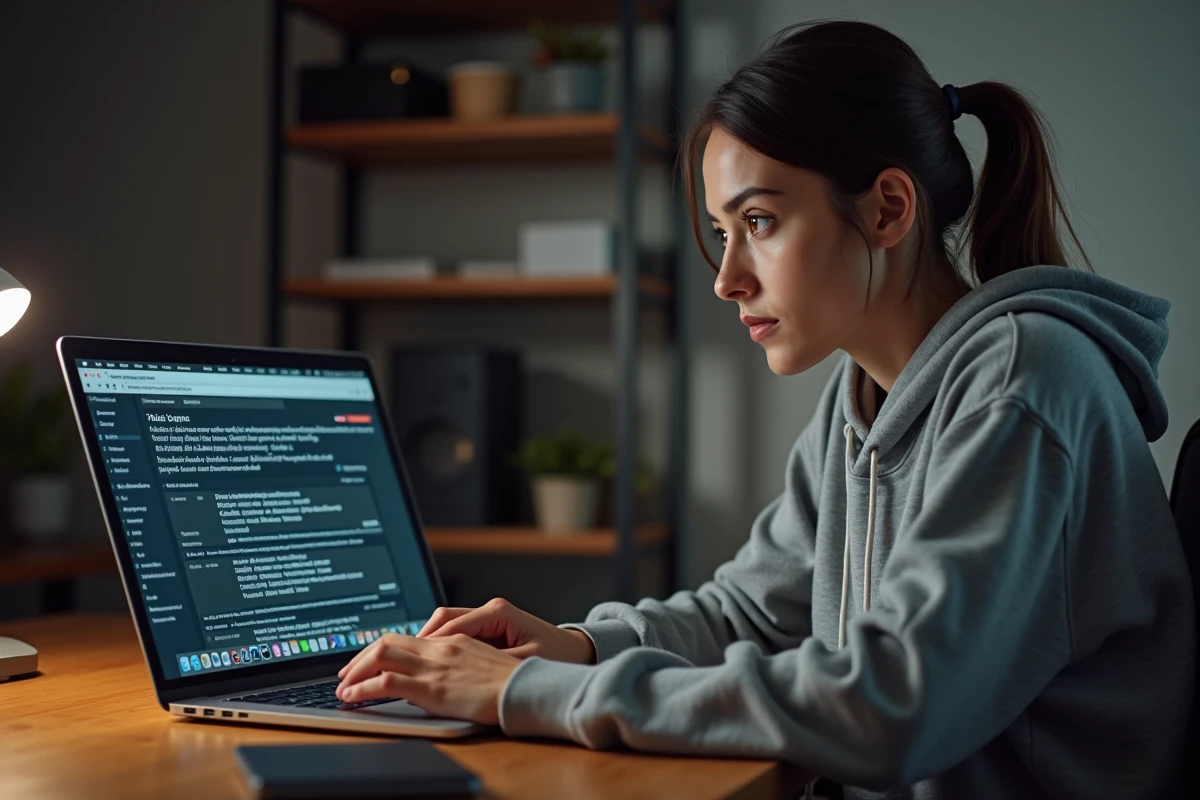 Une femme utilisant Torrent9, le tracker francophone le plus connu, sur son ordinateur portable